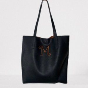 Black Leather "M" Initial Tote Bag